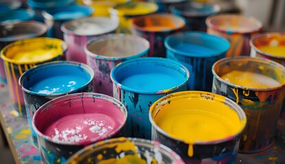 Colorful paint cans for screen printing, symbolizing the art of textile decoration with colorful ink and color powder in a close-up view.