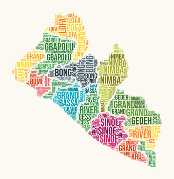 Liberia regions word cloud. Country logo design. Regions typography style vector image. Liberia colored text cloud. Vibrant vector illustration.