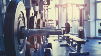 Fototapeta premium Weightlifting Equipment in Modern Gym with Sunlight Filtering In