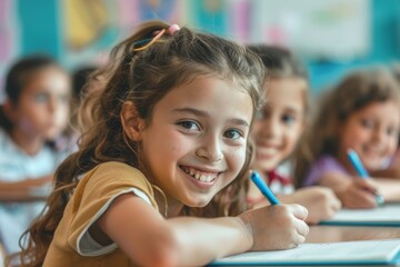 Obraz premium School children sit at desks, writing in copybooks, one girl glances at her friend's test and smiling, studying at school, Generative AI