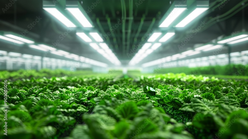 Poster a close-up view of rows of leafy green lettuce growing under artificial light in an indoor farm.