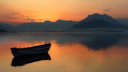 Sunset view of a boat on a calm lake, with mountains silhouetted in the distance, creating a serene scene.