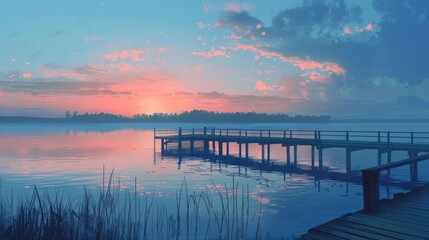 Sunset view of a fishing pier extending into a still lake, with the sky painted in shades of dusk.