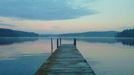 Fototapeta premium Sunset view of a fishing pier extending into a still lake, with the sky painted in shades of dusk.