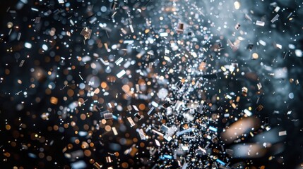 Festive explosion of shimmering silver confetti against a dark background, capturing the excitement and celebration of special occasions and events.