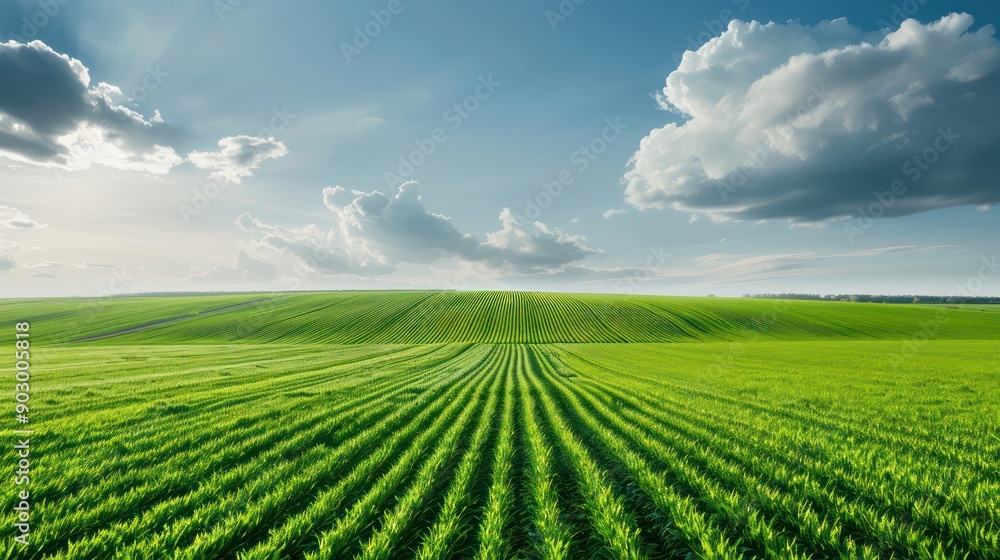 Poster A large field of green grass with a few clouds in the sky
