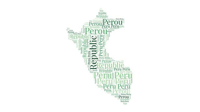 Peru shape word cloud animation. Country boundary filled with country names animated. Peru presentation video.