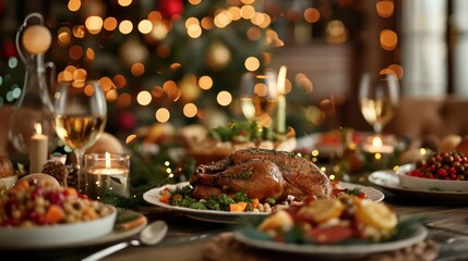 A table with a Christmas tree in the background and a large turkey on a plate. There are also several other dishes and glasses of wine. Scene is festive and celebratory