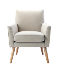 Contemporary beige armchair with a wooden base, designed for comfort and style. Perfect for modern interiors. Isolated on transparent background, png.