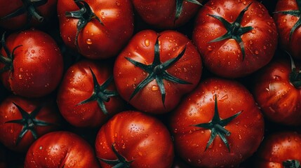 Top-down view of red tomatoes neatly arranged, showcasing their vivid freshness and natural beauty