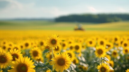 Obraz premium A field of yellow sunflowers with a few lone flowers in the foreground. The sunflowers are in full bloom and the field is vast