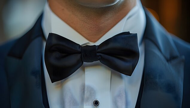 Close up of a bow tie on a tuxedo. A man in a formal suit with an elegant necktie as part of a groom's wedding attire for a special event or corporate party.