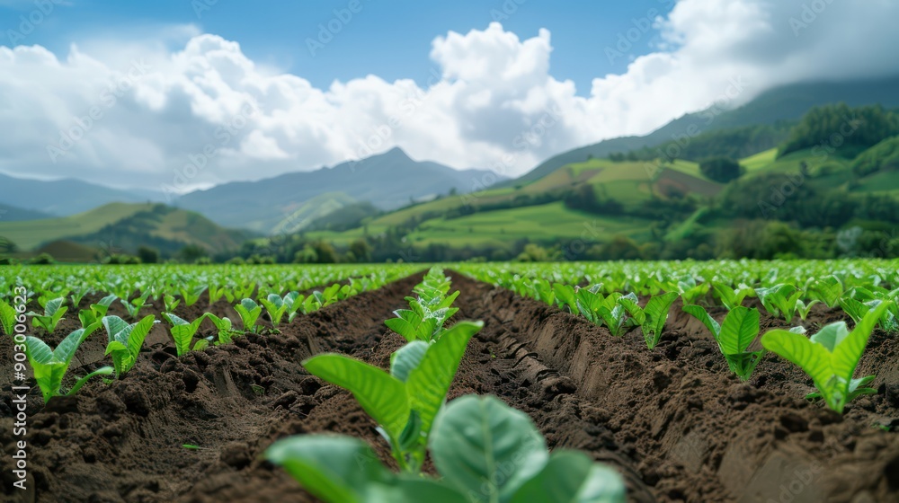 Poster A field of tobacco plants is growing in the countryside. The sky is cloudy, and the mountains in the background create a sense of depth and scale. The image conveys a feeling of tranquility