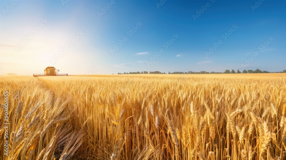 Poster a field of golden wheat with a small house in the distance. the sun is shining brightly, creating a 