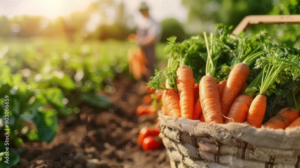 Poster a basket full of carrots is sitting on the ground in a field. the carrots are orange and green, and 