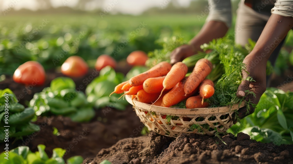 Poster a person is holding a basket of carrots and celery in a field. the basket is full of vegetables, and