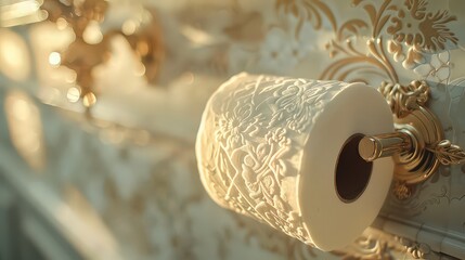  close-up of a bathroom paper roll with intricate detailing on the paper itself or its holder, focusing on craftsmanship and attention to detail.