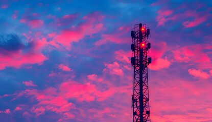 Obraz premium Telecommunication tower with red lights against the sky at dusk, tele keeper tower. Web banner showing an evening sky with hues of pink and blue, 