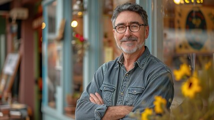 The Seasoned Shopkeeper: A portrait of a confident, smiling senior man standing with his arms crossed in front of his charming storefront.