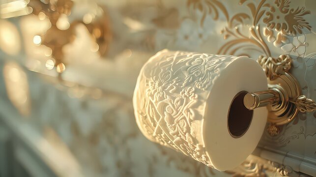  close-up of a bathroom paper roll with intricate detailing on the paper itself or its holder, focusing on craftsmanship and attention to detail.
