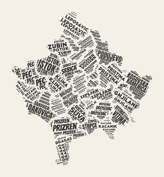 Kosovo Word Cloud. Country with regions division. Kosovo typographic text clouds vector image design. Vintage gazette style country shape image. Creative vector illustration.