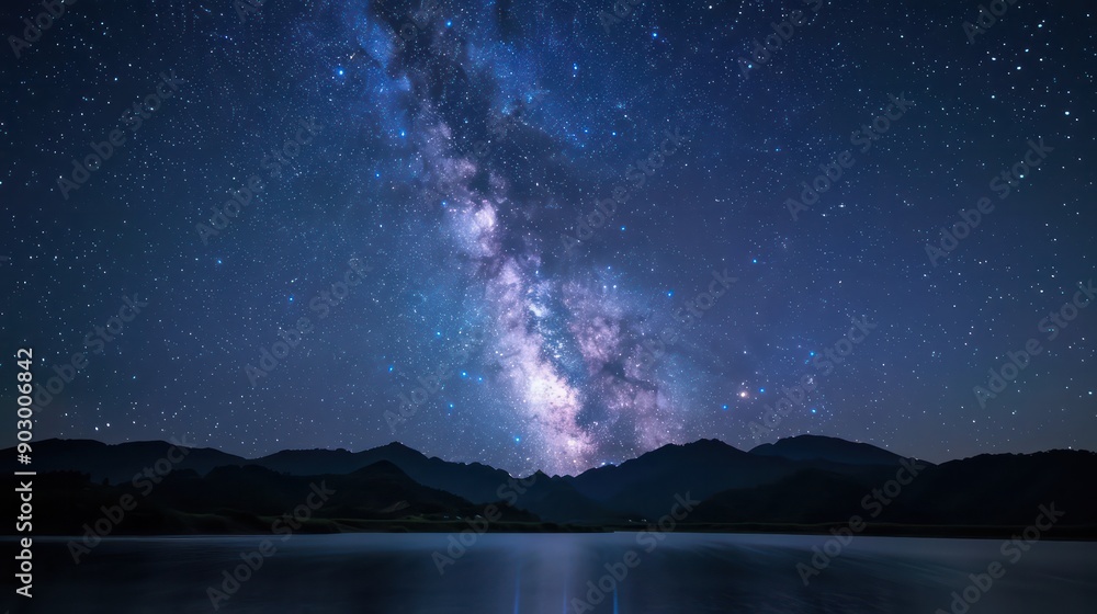 Poster the night sky is filled with stars and a large milky way. the mountains in the background add to the