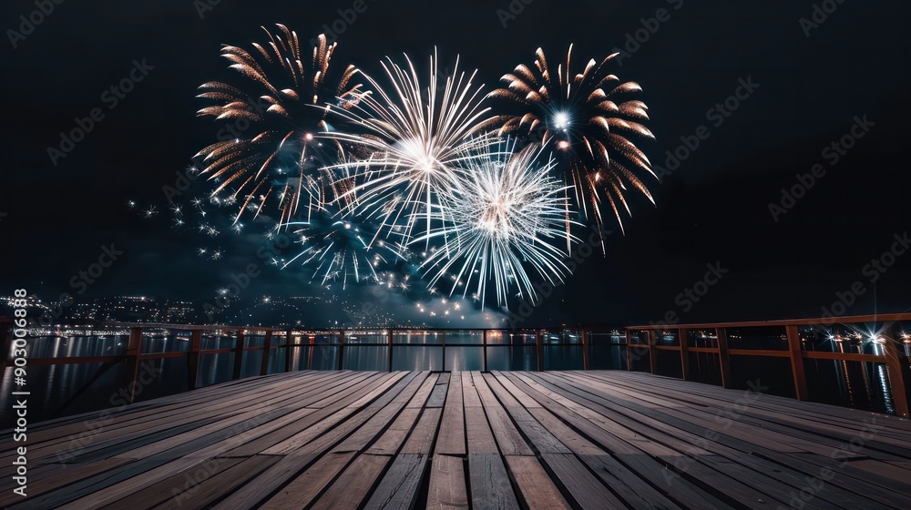 Poster a beautiful night sky with fireworks lighting up the sky. the fireworks are in the shape of a triang