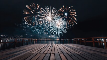 A beautiful night sky with fireworks lighting up the sky. The fireworks are in the shape of a triangle and are lit up in various colors. The scene is peaceful and serene