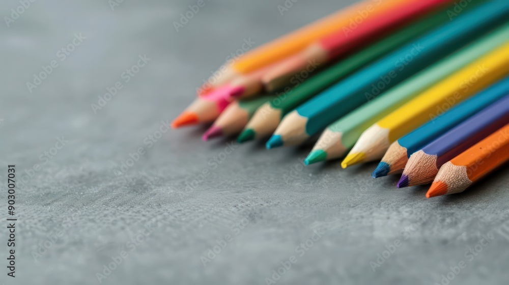 Poster a row of colorful pencils are lined up on a grey surface. the pencils are of various colors, includi