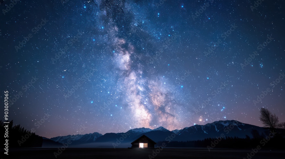 Poster a small cabin is in the middle of a field with a beautiful night sky. the stars are shining brightly