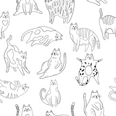 Seamless pattern with cats. Hand drawn illustration in doodle style.