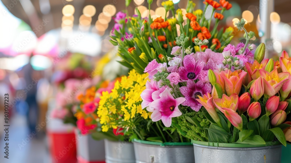 Poster a row of colorful flowers in metal buckets are displayed at a market. the flowers are arranged in a 