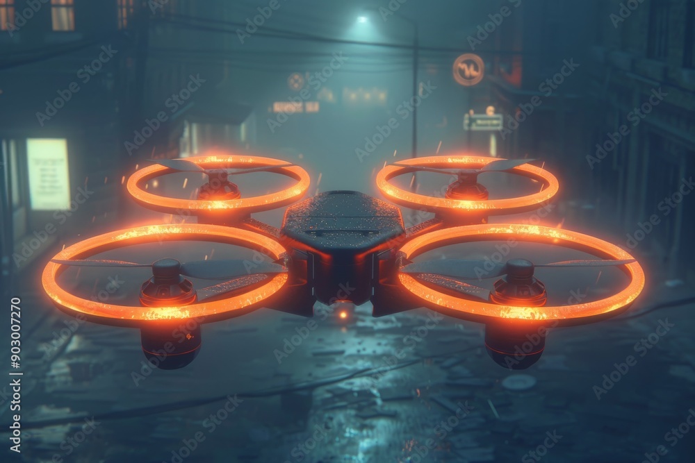 Poster drone with illuminated orange propellers hovering in a dimly lit urban street creating a mysterious 