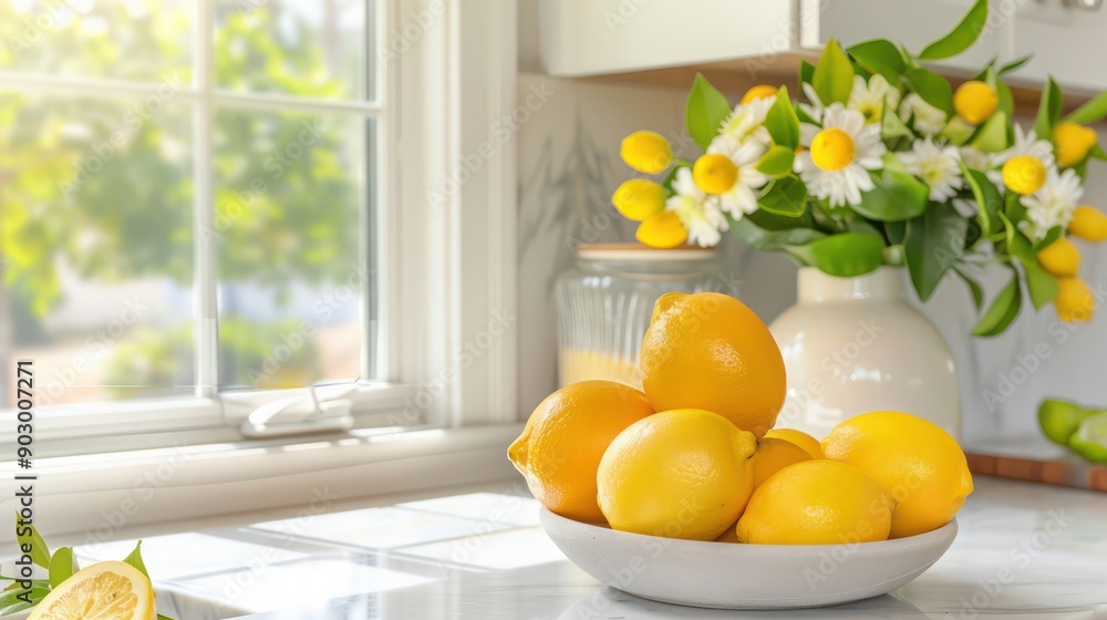 Poster a bowl of lemons sits on a countertop next to a vase of yellow flowers. the lemons are arranged in a