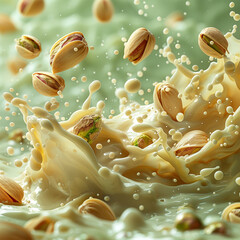 Pistachio Milk Splash Swirl with Nuts on Green Background. Made with generative ai

