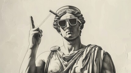 Obraz premium Classical Greek statue adorned with modern sunglasses, gesturing with the middle finger in a cheeky, irreverent manner. Sketch engraving style, scratch board imitation, black and white image.