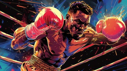 Fototapeta premium A boxer wearing gloves, practicing punches in a canvas ring, preparing for a championship match. Abstract illustration with dynamic motion lines.
