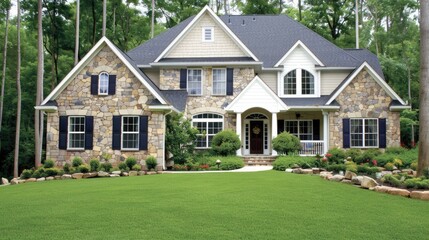A beautiful stone house with large windows and a well-manicured lawn, set against a clear blue sky on a sunny afternoon