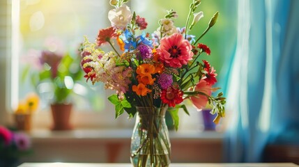 Vibrant bouquet of flowers in a vase, symbolizing beauty and happiness, set on a table