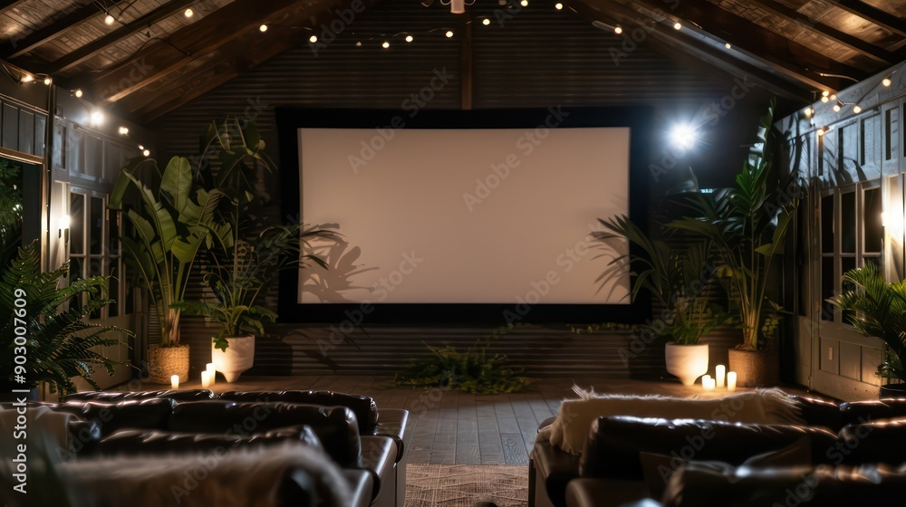 Poster a large screen is set up in a room with a dark atmosphere. the room is filled with couches and chair