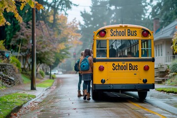 Students wearing backpacks walk towards yellow school bus on rainy morning