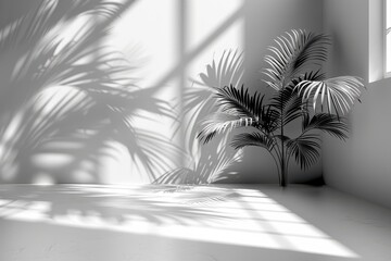 A monochrome image featuring a potted palm plant in a minimalist, brightly lit room. The sharp shadows of the leaves cast intricate patterns on the white wall, adding depth and contrast to the scene.