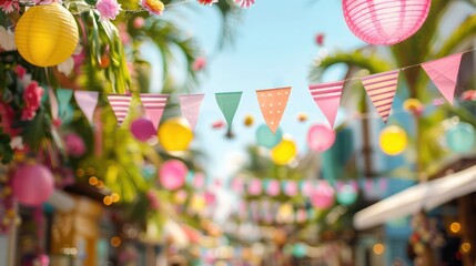 A colorful street with many flags hanging from the trees. The flags are of different colors and sizes, creating a festive atmosphere