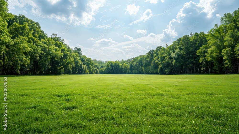 Poster a large, open field of grass with trees in the background. the sky is clear and bright, and the sun 