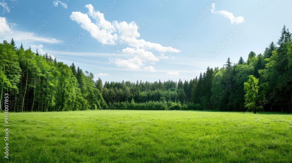 Poster A large, open field with a clear blue sky and a few trees in the background. The field is lush and green, and the sky is bright and sunny. Concept of peace and tranquility