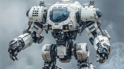 Fototapeta premium Mech Warrior figure on a white or transparent background, emphasizing its detailed design and futuristic appearance.