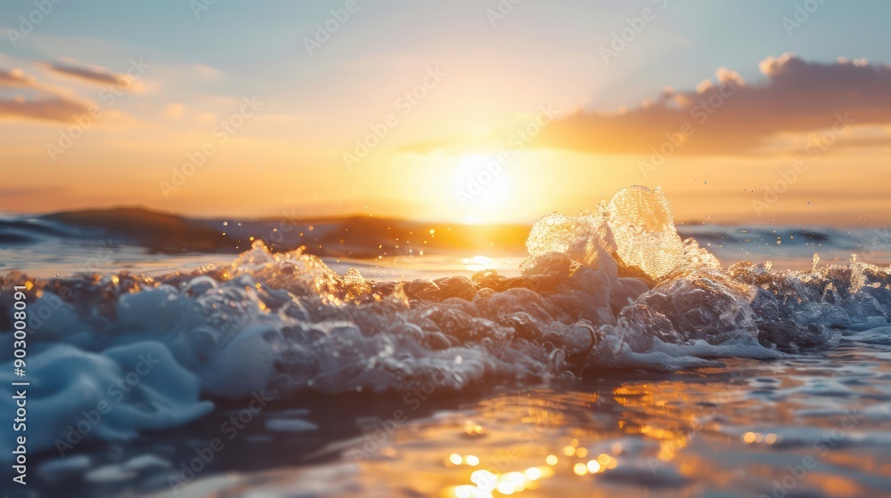 Poster the sun is setting over the ocean, casting a warm glow on the water. the waves are crashing against 