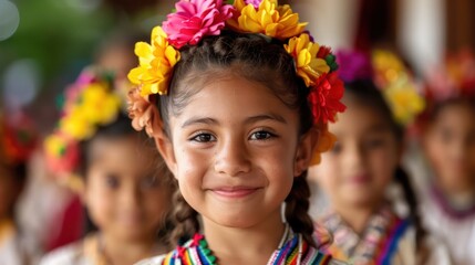 Fototapeta premium A group of young girls wearing colorful flower headdresses and smiling. Scene is joyful and celebratory