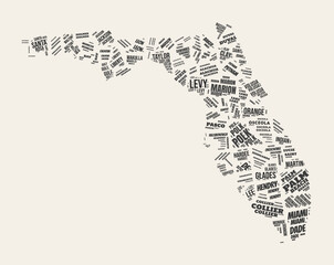 Fototapeta premium Florida Word Cloud. State with counties division. Florida typographic text clouds vector image design. Vintage gazette style state shape image. Classy vector illustration.