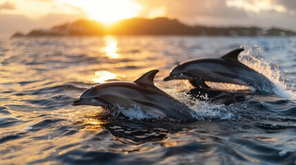 Two dolphins are swimming in the ocean, one of which is jumping out of the water. The sun is setting in the background, creating a beautiful and serene atmosphere